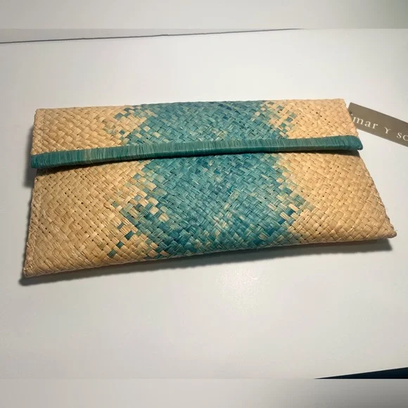 Mar Y Sol Woven Clutch with Blue and Tan Pattern - Picture 1 of 16